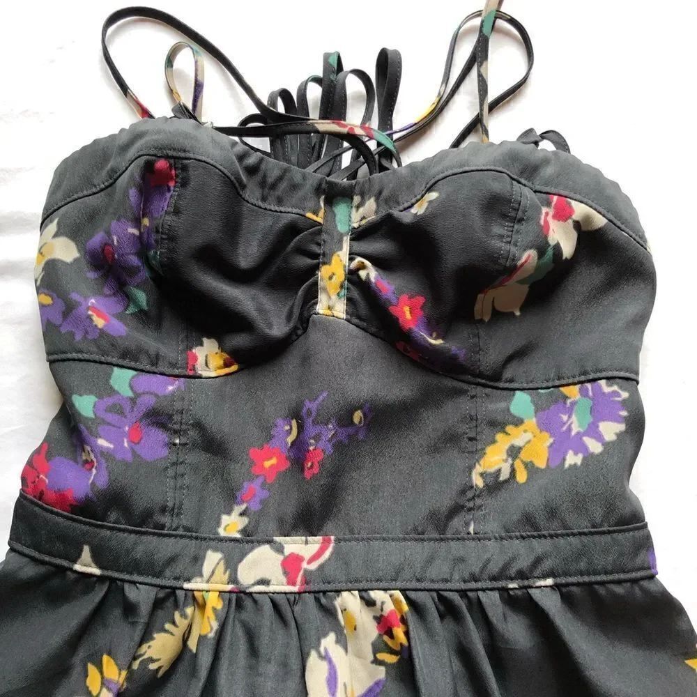 American Eagle Outfitter Sun Dress Strappy gray floral print side pockets Size 0